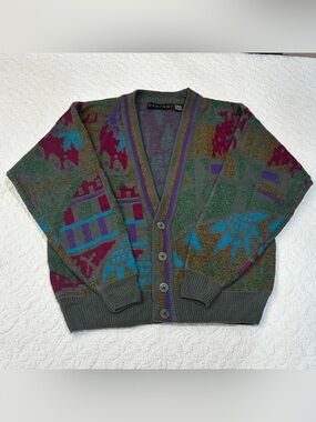Vtg 80s 90s Santana Abstract Geometric L Cardigan Sweater Coogi Style Grandpa
